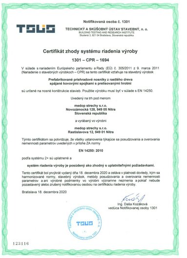 certifikát zhody systému riadenia výroby MEDOP strechy